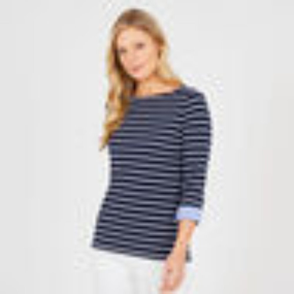 NAUTICA Three-Quarter Sleeve Blue White Stripe Top with Cuffs Me…